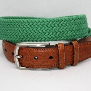 TORINO Italian Woven Elastic Belt Leather Tabs Light Green Sz 38 $80 Made In USA